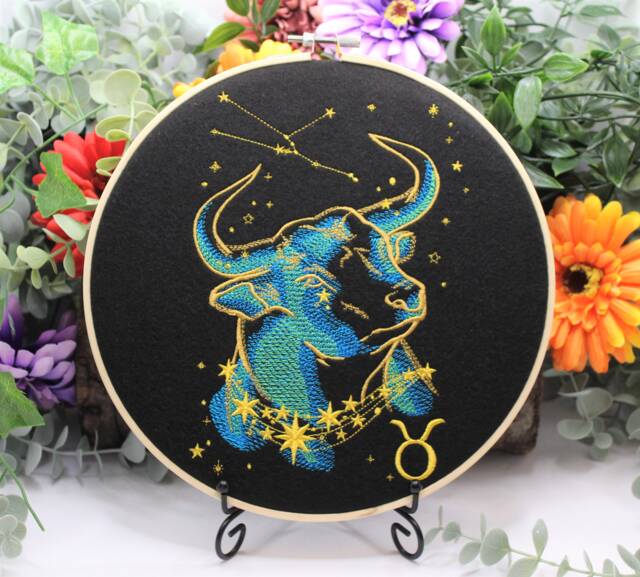 Taurus Bull Constellation Wall Art, Zodiac Gift, Stitched Embroidery Hoop - image 1