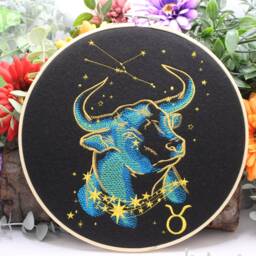 Taurus Bull Constellation Wall Art, Zodiac Gift, Stitched Embroidery Hoop - thumbnail 2