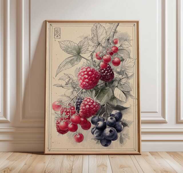 Vintage Berry Poster, Botanical Fruit Art Print, Raspberry & Cherry Illustration, Rustic Kitchen Wall Art, Traditional Decor - image 1