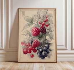 Vintage Berry Poster, Botanical Fruit Art Print, Raspberry & Cherry Illustration, Rustic Kitchen Wall Art, Traditional Decor - thumbnail 1