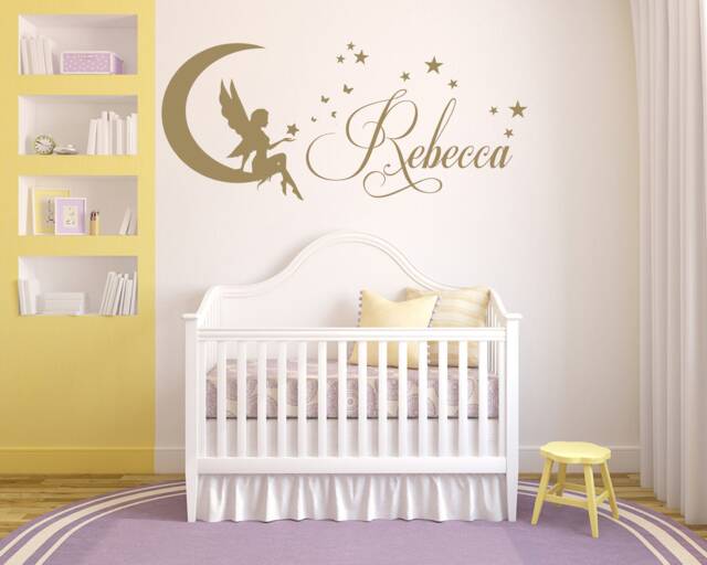 Personalised Name Matt Vinyl Wall Art Sticker Decal, Mural, With Fairy, Moon & Stars. Children's Bedroom, Nursery, Playroom, Door Decor - image 1