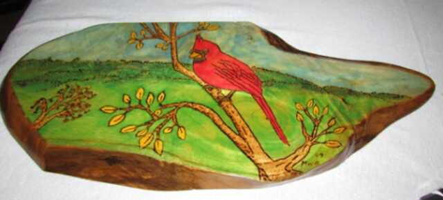 Handmade Wall Art - Cardinal On Paulownia Wood, Wood Burning, Hand Painted, Local Sawmill, Artisan Crafts, One Of A Kind - image 1
