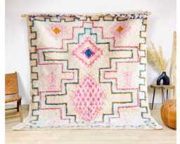White Moroccan Berber Rug With Pink & Blue Geometric Pattern, Colorful Shag Rug, Large 9x12 Handmade Area - thumbnail 1