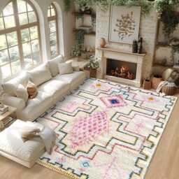 White Moroccan Berber Rug With Pink & Blue Geometric Pattern, Colorful Shag Rug, Large 9x12 Handmade Area - thumbnail 3