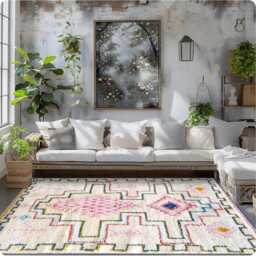 White Moroccan Berber Rug With Pink & Blue Geometric Pattern, Colorful Shag Rug, Large 9x12 Handmade Area - thumbnail 4