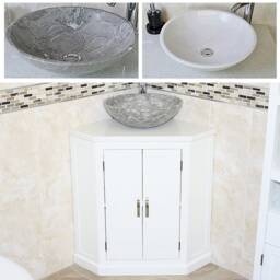 White Painted Bathroom Vanity Unit Free Standing Corner Cabinet Quartz Marble Basin 501Bpwqsbc - thumbnail 1