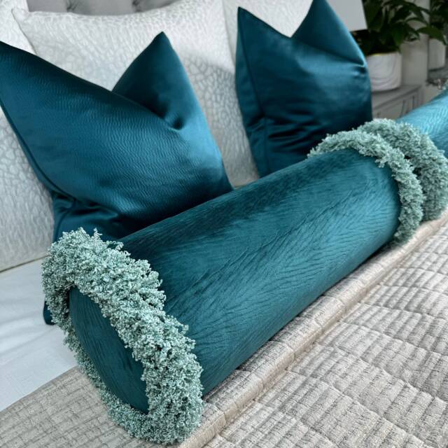 "Luxurious Teal Fringed Velvet Bolster Cushion - 16"" X 6" - image 1