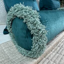 "Luxurious Teal Fringed Velvet Bolster Cushion - 16"" X 6" - thumbnail 2