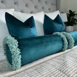 "Luxurious Teal Fringed Velvet Bolster Cushion - 16"" X 6" - thumbnail 4