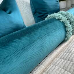 "Luxurious Teal Fringed Velvet Bolster Cushion - 16"" X 6" - thumbnail 3