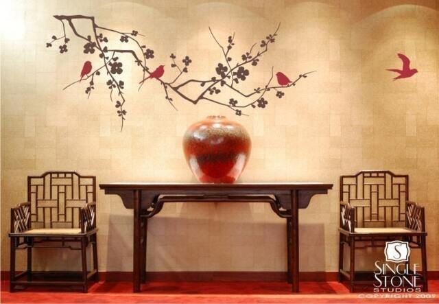 Cherry Blossom Branch Wall Decal With Birds Vinyl Art - image 1
