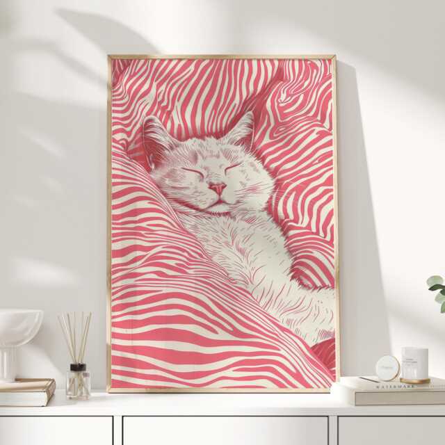 Pink Cat Wall Art Print, Sleeping Kitty Illustration Poster, Cute Modern Pet Decor For Bedroom Nursery Or Dorm Room - image 1