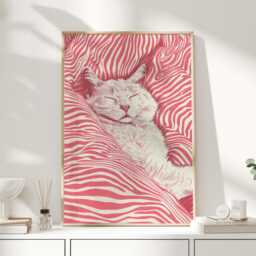 Pink Cat Wall Art Print, Sleeping Kitty Illustration Poster, Cute Modern Pet Decor For Bedroom Nursery Or Dorm Room - thumbnail 1