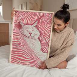 Pink Cat Wall Art Print, Sleeping Kitty Illustration Poster, Cute Modern Pet Decor For Bedroom Nursery Or Dorm Room - thumbnail 3