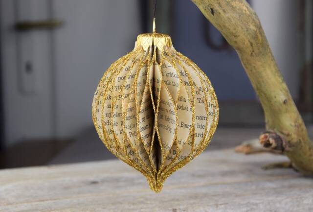 Honeycomb Paper Christmas Ornament, Glittered Vintage Book Pages, Set Of 5 - image 1