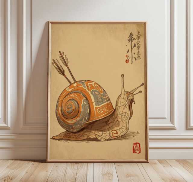Japanese Snail Yokai Poster, Mythical Creature Wall Art, Traditional Asian Print, Fantasy Illustration, Vintage Ink Artwork - image 1