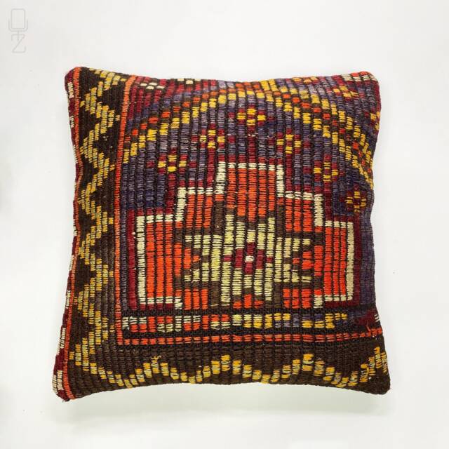 Hand Loomed Turkish Rug Pillow Cover - Ethnic Anatolian Wool Cushion - 16x16 - image 1