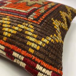 Hand Loomed Turkish Rug Pillow Cover - Ethnic Anatolian Wool Cushion - 16x16 - thumbnail 2