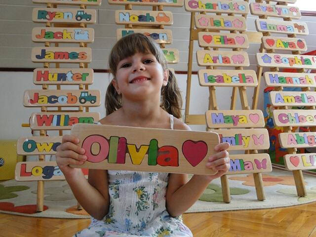 Personalized Name Puzzle, Custom Wooden Letter Gift, Newborn Free Engraving Message, Olivia - image 1