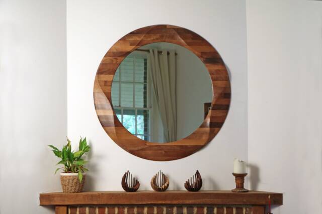Round Mirror, Large Decorative Round Wooden Wall Mirror Wall, Circular Hanging Made From Solid Walnut Wood - image 1