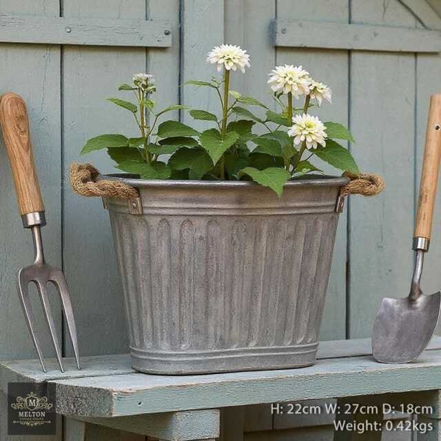 Vintage Style Galvanised Metal Oval Dolly Tub Garden Planter Pot, Rope Handles - image 1