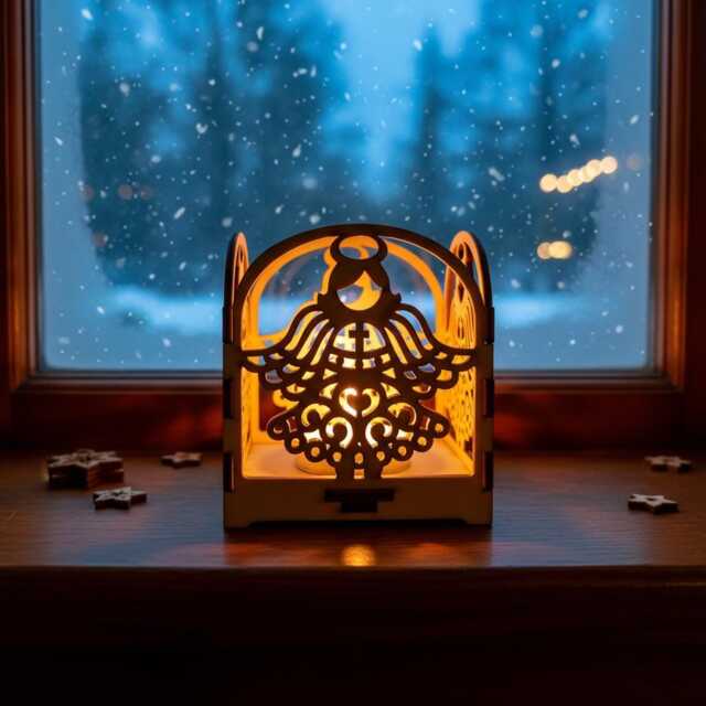 Laser Cut Wooden Angel Christmas Lantern Rustic Candle Holder - Holiday Ornament - image 1