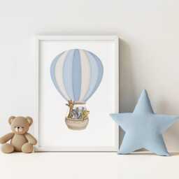 Safari Animal Nursery Prints Set Powder Blue Rainbow, Hot Air Balloon Art - thumbnail 2