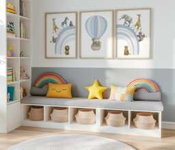 Safari Animal Nursery Prints Set Powder Blue Rainbow, Hot Air Balloon Art - thumbnail 1