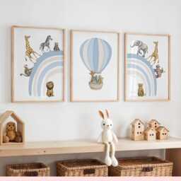 Safari Animal Nursery Prints Set Powder Blue Rainbow, Hot Air Balloon Art - thumbnail 3