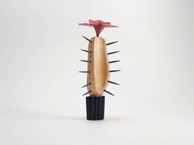 Acrylic Painted Wooden Cactus Sculpture, Flower Accent - image 1