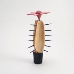 Acrylic Painted Wooden Cactus Sculpture, Flower Accent - thumbnail 3