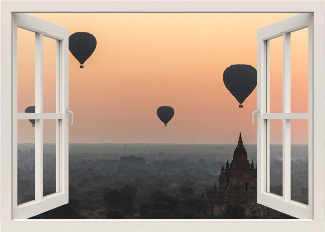 Hot Air Balloons Wall Decal Sticker, 3D Window View Mural, Frame Home