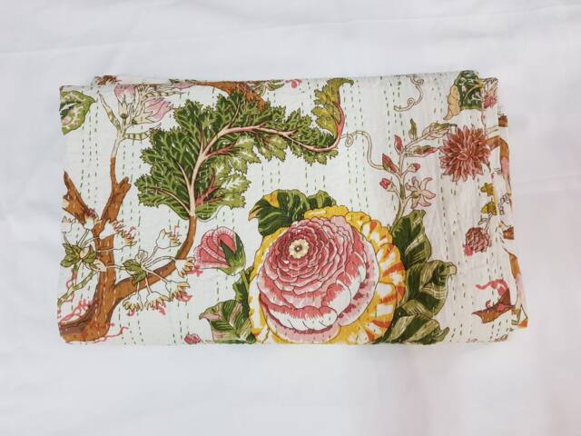 New Decorative Indian Handmade Floral Fruit Kantha Quilt Bedspread Bedcover, Pure Cotton Throw - image 1