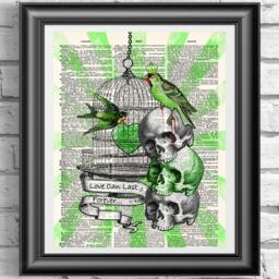 Zombies Art Print, Undead Birds Wall Decor, Goth Print Dictionary Book Page, Book Art Zombies, Skull Anatomical Poster Tattoo - thumbnail 1