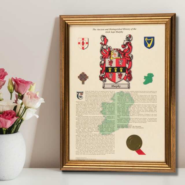 Personalised Irish Family Name History, Coat Of Arms, A3 Framed Print