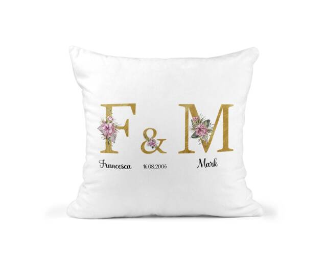 Personalised Custom Name Cushion - Valentines Gift Anniversary Floral Initials Date Honeymoon Newlywed Day - image 1