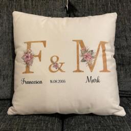 Personalised Custom Name Cushion - Valentines Gift Anniversary Floral Initials Date Honeymoon Newlywed Day - thumbnail 2