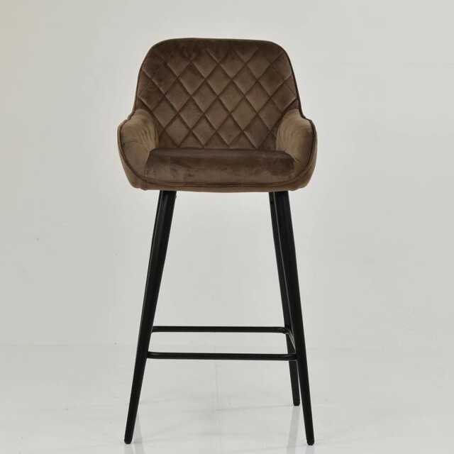 Brown Velvet Bar Stool With Backrest - Breakfast & Kitchen Stool, Art Deco Black Base - image 1