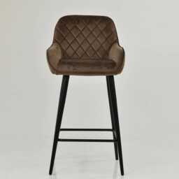 Brown Velvet Bar Stool With Backrest - Breakfast & Kitchen Stool, Art Deco Black Base