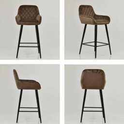 Brown Velvet Bar Stool With Backrest - Breakfast & Kitchen Stool, Art Deco Black Base - thumbnail 4