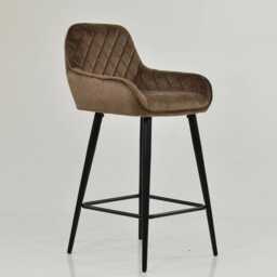 Brown Velvet Bar Stool With Backrest - Breakfast & Kitchen Stool, Art Deco Black Base - thumbnail 2