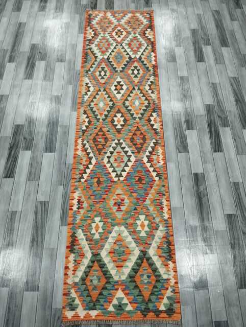 Classic Runner Rug, Handmade Artisan Afghan Turkish, Scandinavian, Navajo, Bohemian, Wool Flatweave Multicolour Kilim Rug 312x77 cm - image 1