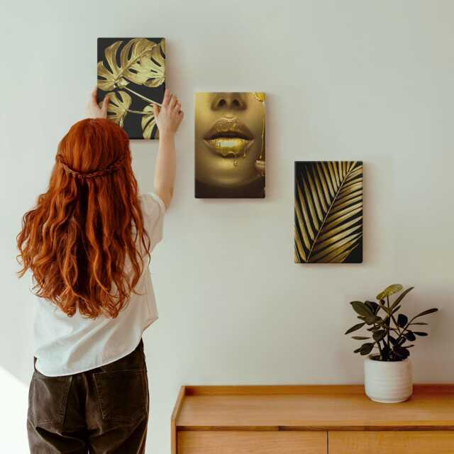 3 Piece Canvas Set - Palm Leaves Woman's Face Monstera Leaves, Yellow Large Wall Art, Plants & Flowers Hanging - image 1