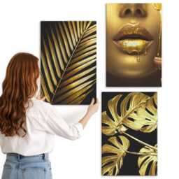 3 Piece Canvas Set - Palm Leaves Woman's Face Monstera Leaves, Yellow Large Wall Art, Plants & Flowers Hanging - thumbnail 3
