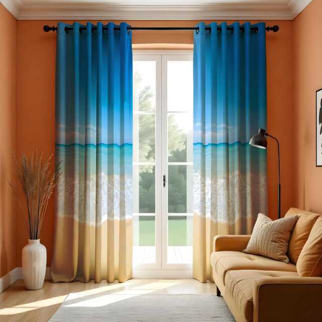 Beach Ocean Scene Curtains, Serene Seaside Window Drapes, Custom Length Curtain Coastal Home Decor, Beachy Vibes, Living Room Curtains - image 1