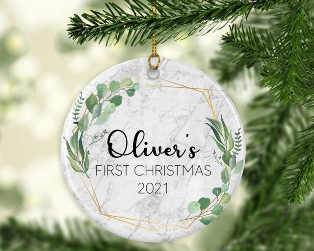Personalised Baby's First Christmas Ornament Eucalyptus Greenery Marble Ceramic Or Mdf Acrylic Keepsake Custom Name Hanging Decorations - image 1