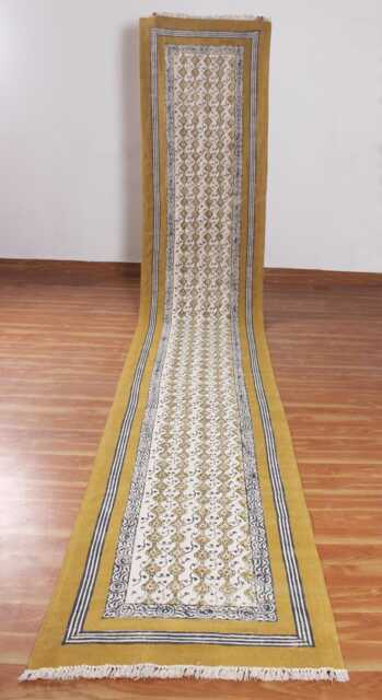 Block Printed Cotton Runner Rug, Yellow Beige, Hand Woven - image 1