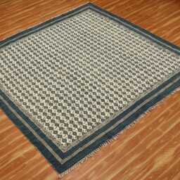 Block Printed Cotton Runner Rug, Yellow Beige, Hand Woven - thumbnail 2