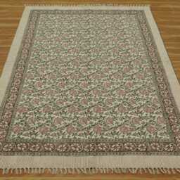 Block Printed Cotton Runner Rug, Yellow Beige, Hand Woven - thumbnail 3