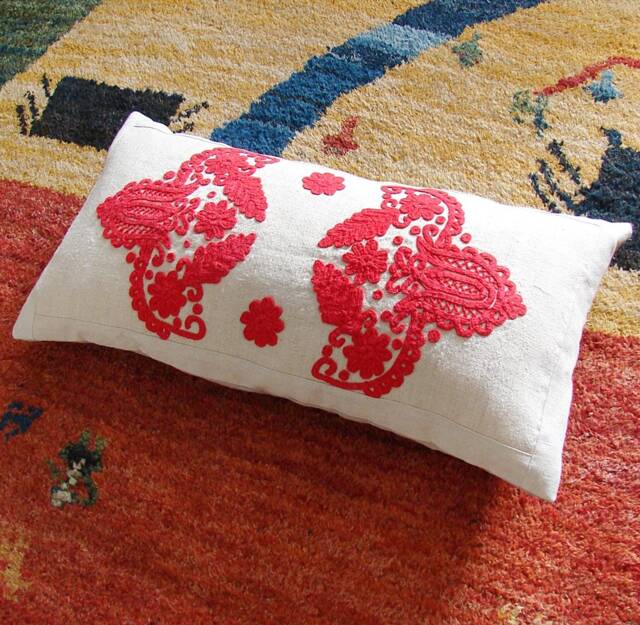 Embroidered Hungarian Pillow Cover Vintage Transylvanian Folk Art - 13.5x25 Inch - image 1